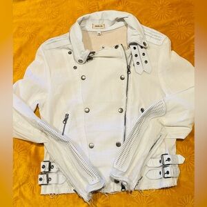 Jakett…etc White Moto Jacket Linen & Leather Asymmetrical Zip Buckle Detail Edgy